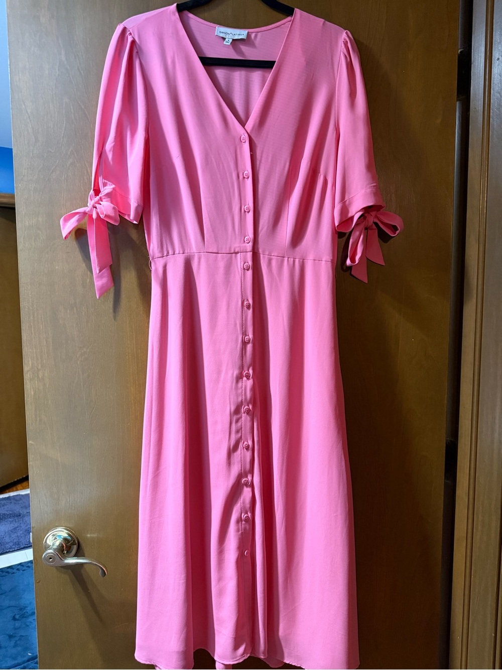Gibson Latimer Coral Pink Button-Front Midi Dress with Tie Sleeves